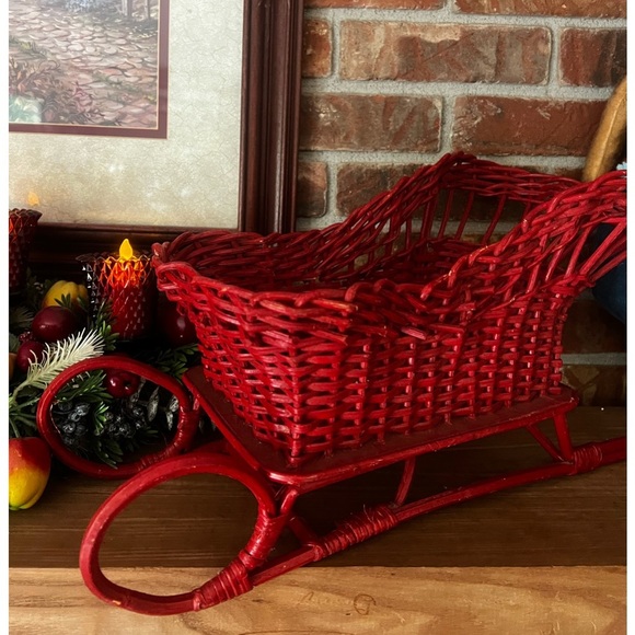 ❤️ Rare Vintage 1974 Red Wicker Basket Woven Christmas Sleigh 19” - Picture 2 of 6